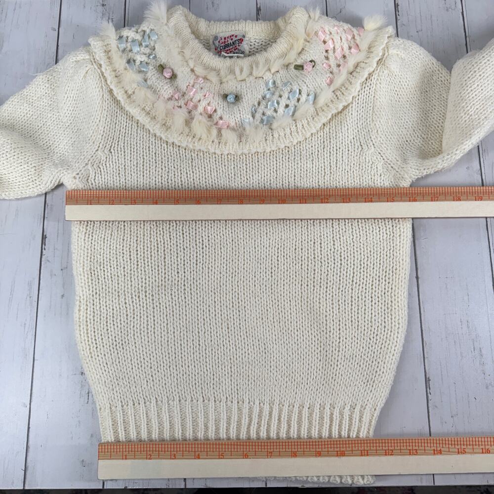 VTG Currants Cream Decorative Ribbon Collar Chunky Knit Sweater Korea Size Small - Picture 12 of 15